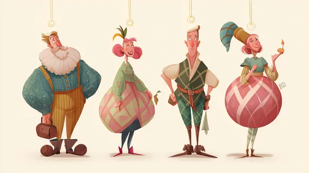 'n groep grillige karakters in 'n teaterstyl aflaai