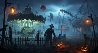 Tapeta Strašidelná halloweenska karnevalová noc s tajomnými klaunmi a žiariacimi jack-o'-lanternami 2K
