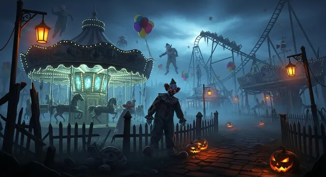 Захватывающая карнавальная ночь Хэллоуина с жуткими клоунами и светящимися тыквенными фонарями 2K обои