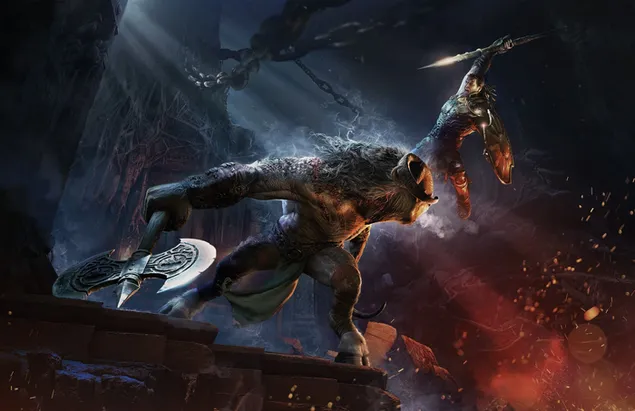 비디오 게임 Achilles: Legends Untold의 헬멧과 갑옷을 입은 캐릭터가 불 사이에서 야수와 싸웁니다. 2K 배경화면