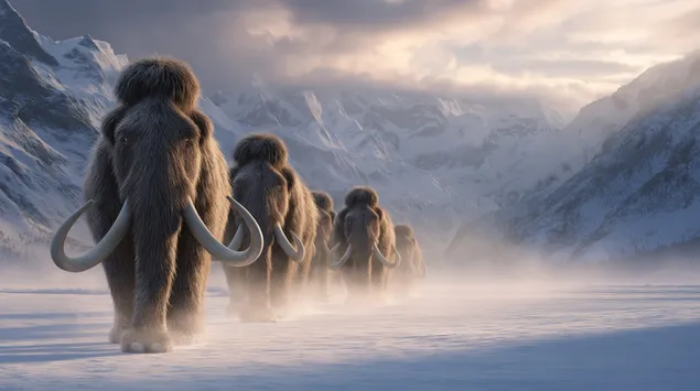 Ταπετσαρία Ένα κοπάδι από μεγαλοπρεπή μαλλιαρά μαμούθ περπατάει σε ένα απέραντο, χιονισμένο τοπίο 2K