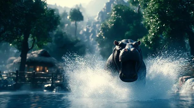 En flodhest som stormer gjennom vann 2K bakgrunn