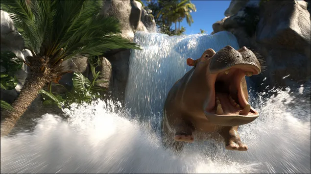 nilski konj sa sirom otvorenim celjustima u rijeci preuzmi