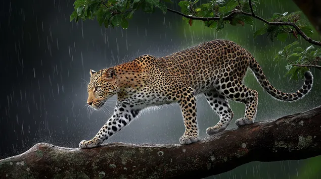 Taustpilt Leopard puuoksal vihmas 2K