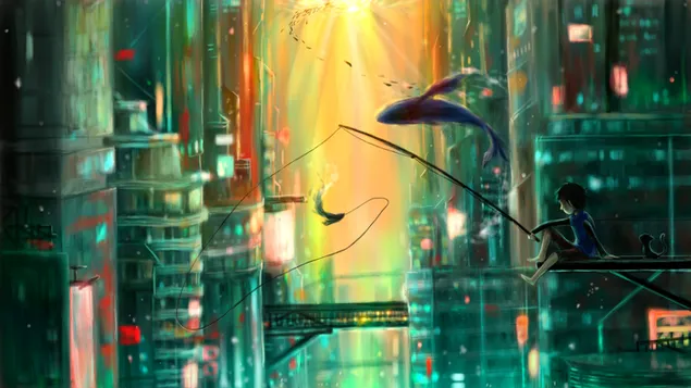 Tapeta Malý chlapec chytil pri rybolove rybu 2K