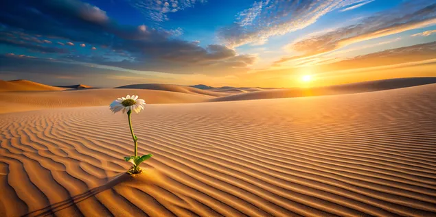 פרח בודד במדבר עם שקיעה ברקע 4K טפט