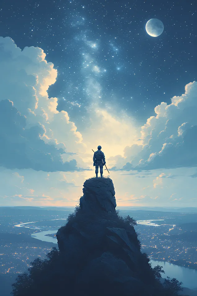 odinokiy soldat stoit na vysokoy skale pod zvezdami, s nepokolebimoy predannost'yu nablyudaya za mirnoy zemley. skachat'