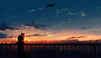 egy maganyos lany, aki egy repulot nez a naplemente felett letoltes