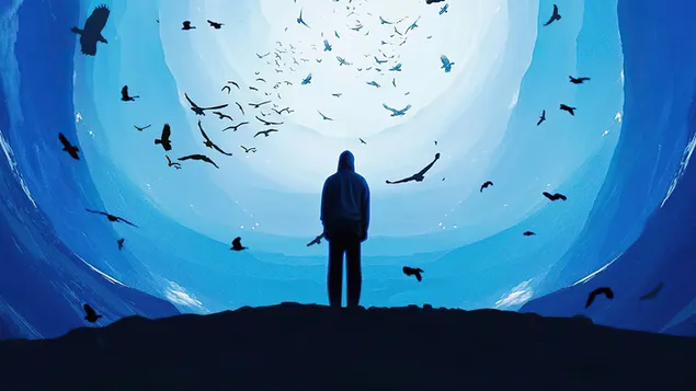 Tapeta Osamelý muž stojaci pred kŕdľom vtákov 4K