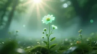 a luminous daisy glows softly under the gentle rays of the morning sun, surrounded by dreamy forest mist and serene nature, capturing a sense of peace