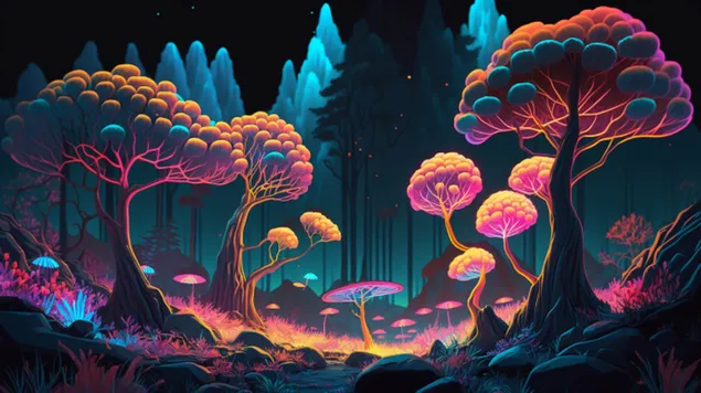 Një udhëtim ndriçues: Një peizazh i mbushur me neon i një pylli të ndezur, të botës tjetër me pemë abstrakte, që rrezaton një bukuri eterike 8K sfond