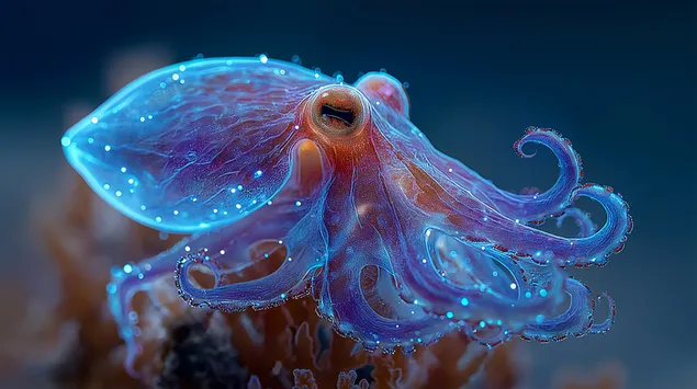 深海の風景に浮かぶ半透明の皮膚を持つ光るタコ 2K 壁紙