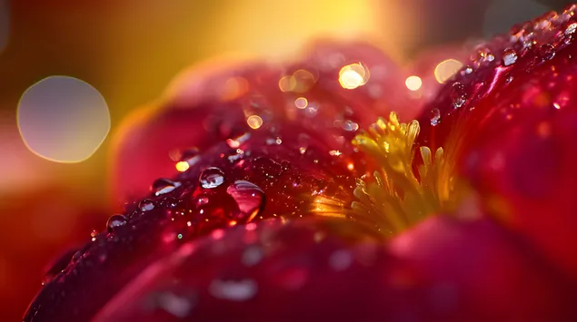 Makro pogled na cvjetove obasjano rosom obasjanih zlatnim svjetlom 8K pozadina