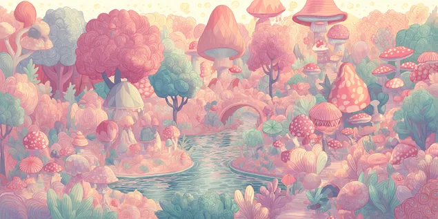 Een magisch fantasiebos met stromende rivier en paddenstoelhuizen 2K achtergrond