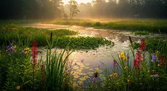 ao nascer do sol, um cenario magico de pantano se desdobra, com flores silvestres vibrantes, nenufares e uma suave nevoa dourada criando um oasis de paz e cor. download
