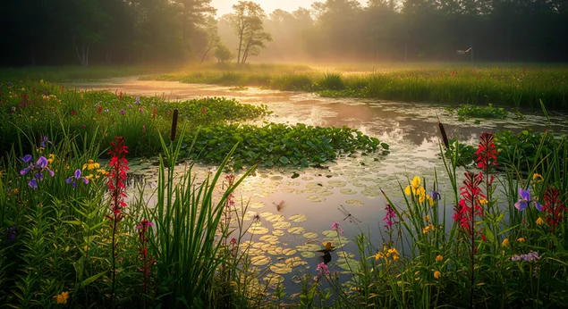 carobni mocvarni prizor otkriva se u izlasku sunca, sa zivopisnim divljim cvijecem, lokvanjima i mekom zlatnom maglom koja stvara mirnu i sarenu oazu. preuzmi
