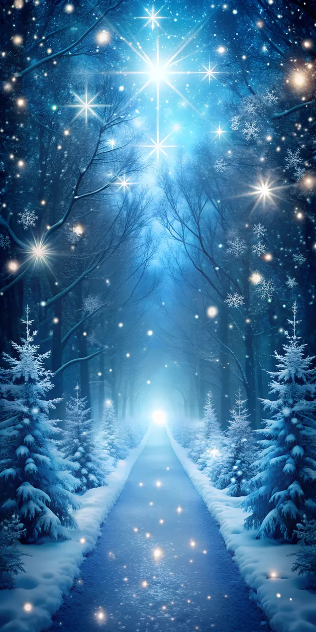 Волшебная зимняя тропа под лунным светом, сверкающие снежинки и элегантные голубые тона 2K обои