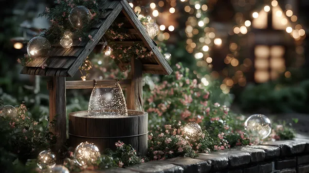 maaginen toivomuskaivo kimaltelevien valojen tayttamassa puutarhassa lataa