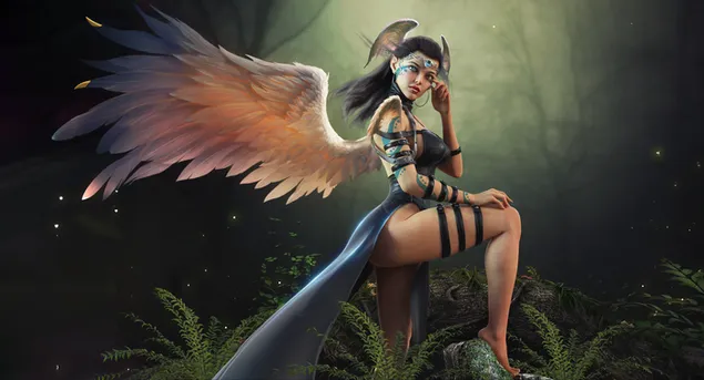 עולם קסום של פנטזיה עם יצירת אמנות גחמנית וחולמנית של נערת פיות עם כנפיים מנוצות ביער אפל 4K טפט
