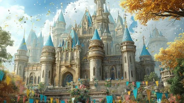 Ett magnifikt sagoslott med blå spiror står högt bland gyllene höstträd och festliga fanor 2K bakgrund