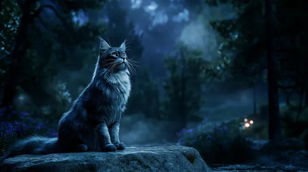 En majestetisk Maine Coon-katt sitter i en skog 2K bakgrunn