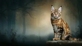 Tapeta Majestátní mainská mývalí kočka s výraznou srstí sedí královsky na skále 2K