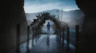 a man standing near the ocean looking at a pirate ship download