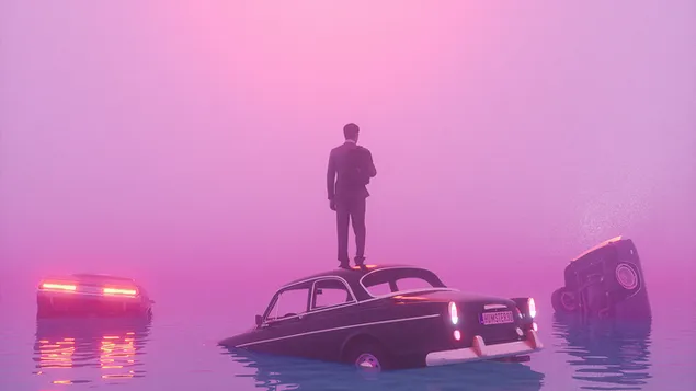 침몰하는 차 위에 서있는 남자 4K 배경화면