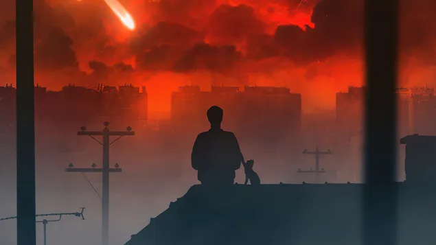 Человек, очень спокойно наблюдающий за темным концом мира 4K обои