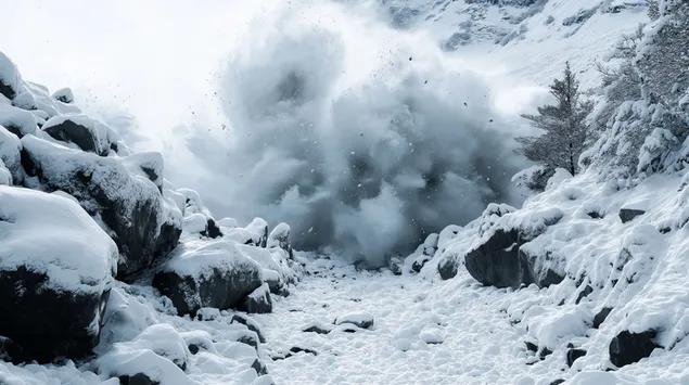 una enorme avalancha de nieve rugiendo por un sendero de montana descargar