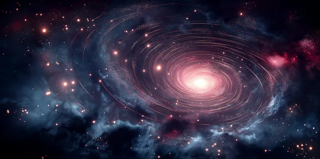 Een betoverend spiraalvormig sterrenstelsel dat gloeit met roze en paars licht 2K achtergrond
