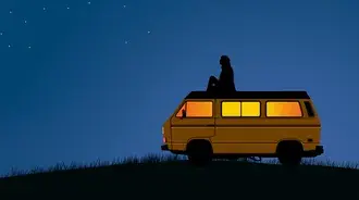 Un'illustrazione minimalista di una persona seduta sopra un camper d'epoca 2K sfondo