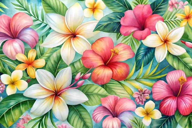 tropusi viragok, peldaul hibiszkusz es plumeria kevereke, kezzel festett akvarell texturakkal letoltes