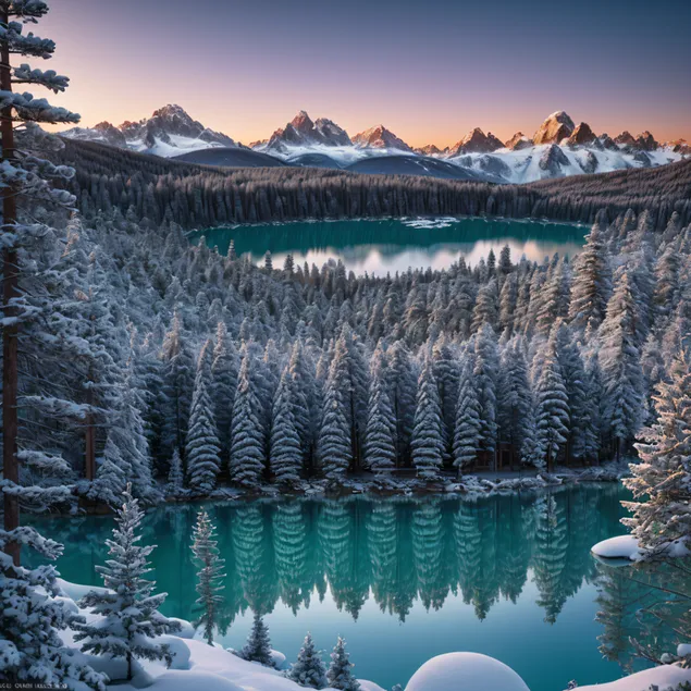 بحيرة جبلية وانعكاسها في الماء، تقع بين الجبال الثلجية والغابات والأشجار 4K خلفية