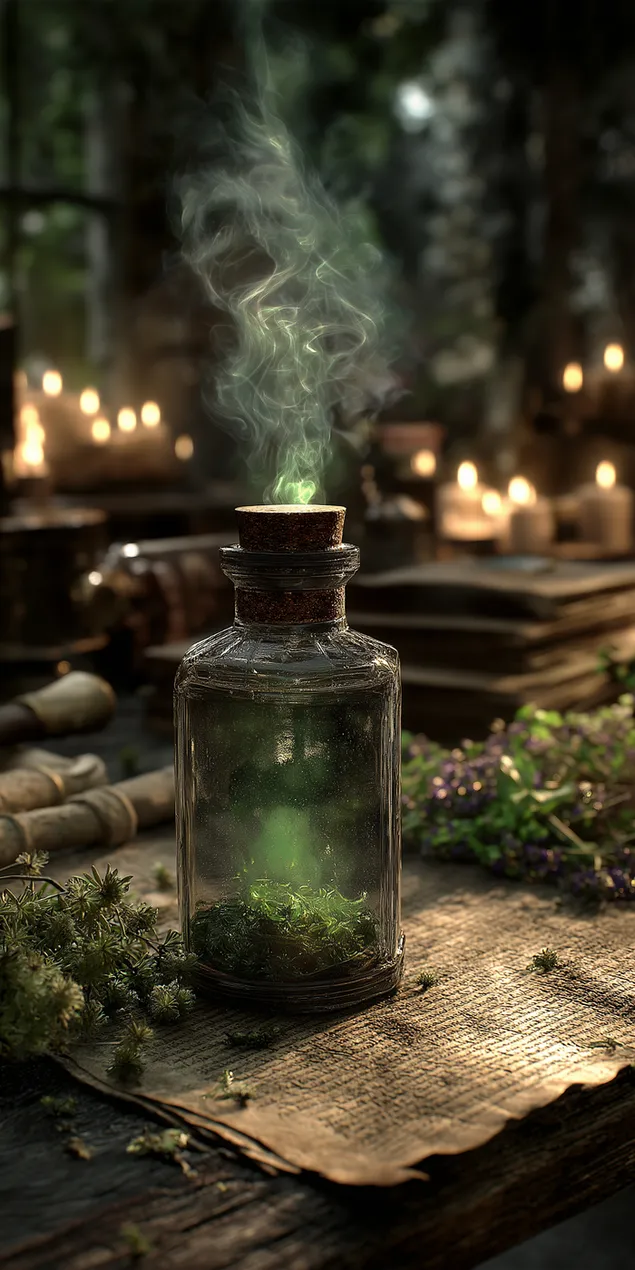 Botol Elixir Mistik Mengukus di Meja Alchemist Zaman Pertengahan HD kertas dinding