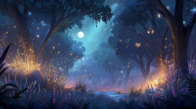 e mystische besch an der nuecht mat liichtender flora an insekten eroflueden