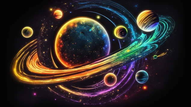 una aventura amb neo a traves d'una galaxia colorida i abstracta amb estrelles i planetes brillants i un cel estrellat baixada