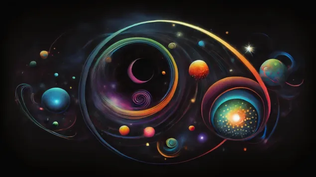 Një eksplorim i mbushur me neon përmes një galaktike shumëngjyrësh, abstrakte me yje dhe planetë të ndezur 8K sfond