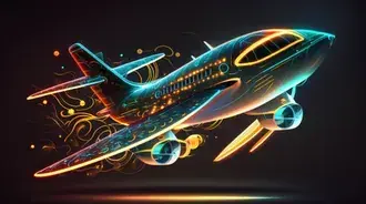 Tapeta Neonem naplněná Odysea ve futuristickém letadle s elegantními liniemi a barevnými světly na abstraktní, zářivé obloze 8K