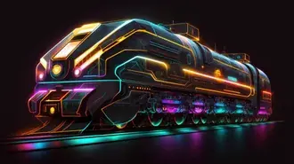 neonovaya odisseya v futuristicheskom poezde s plavnymi liniyami i krasochnymi ognyami v abstraktnom stile skachat'