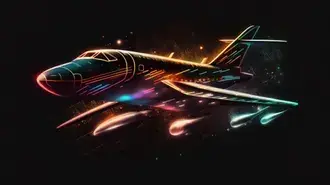 Tapeta Neonová plavba ve futuristickém letadle s elegantními liniemi a barevnými světly na abstraktní, zářivé obloze 8K