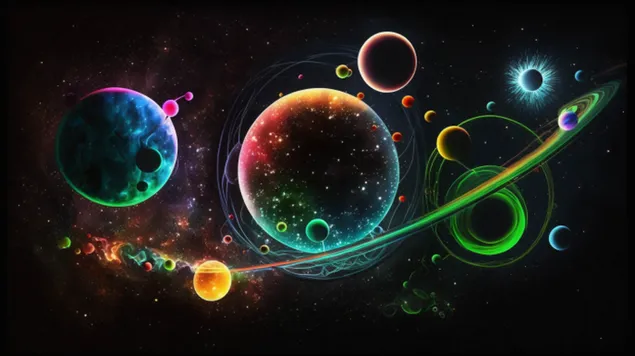 putovanje inspirisano neonom kroz sharenu, apstraktnu galaksiju sa svetletshim zvezdama i planetama, postavljeno naspram mrachnog, zvezdanog neba preuzmi