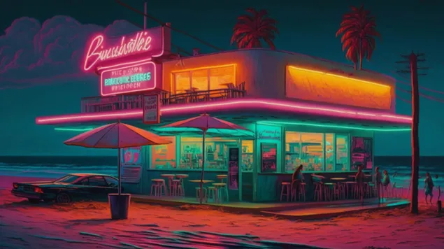 סצנת חוף מוארת ניאון, לוכדת את האנרגיה התוססת והיופי השליו של חוף הים 8K טפט