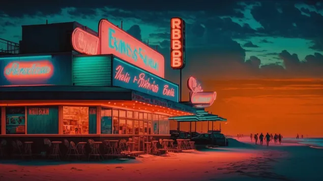 neoninio apsvietimo papludimio scena su retrofuturistine atmosfera, uzfiksuojanti tobulos vasaros nakties esme atsisiusti