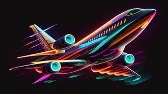 Tapeta Průzkum s neony ve futuristickém letadle s elegantními liniemi a barevnými světly na abstraktní, zářící obloze 8K