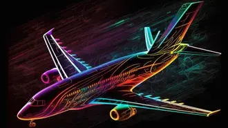 Tapeta Neonově osvětlená cesta ve futuristickém letadle s elegantním designem a barevnými světly na abstraktní, zářící obloze 8K