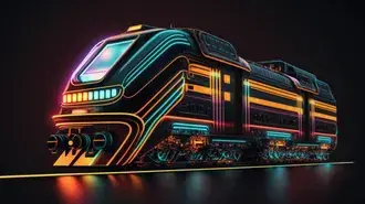 puteshestvie v neonovom poezde v futuristicheskom poezde s elegantnym dizaynom i yarkimi ognyami sredi abstraktnogo svetyashchegosya peyzazha skachat'