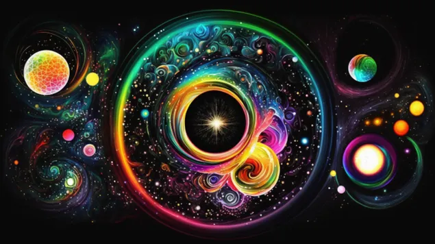 Një Odise me ndriçim neoni përmes një galaktike shumëngjyrësh, abstrakte me yje dhe planetë të ndezur 8K sfond