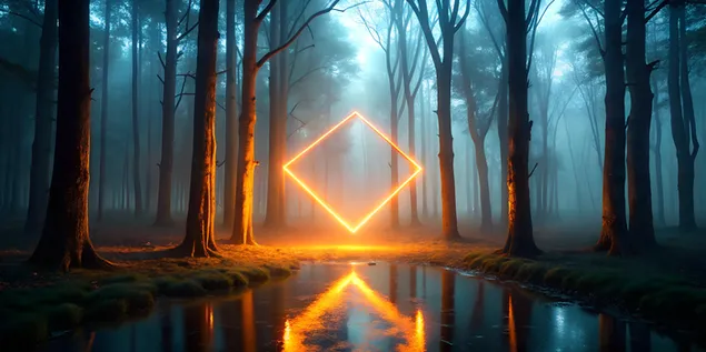 Un carré lumineux orange néon flottant dans une forêt sombre et brumeuse, illuminant les arbres à proximité et créant une aura mystérieuse 4K fond d'écran