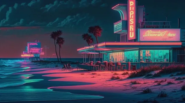 לילה לזכור, סצנת חוף מוארת ניאון, לכידת האנרגיה התוססת והיופי השליו של חוף הים 8K טפט